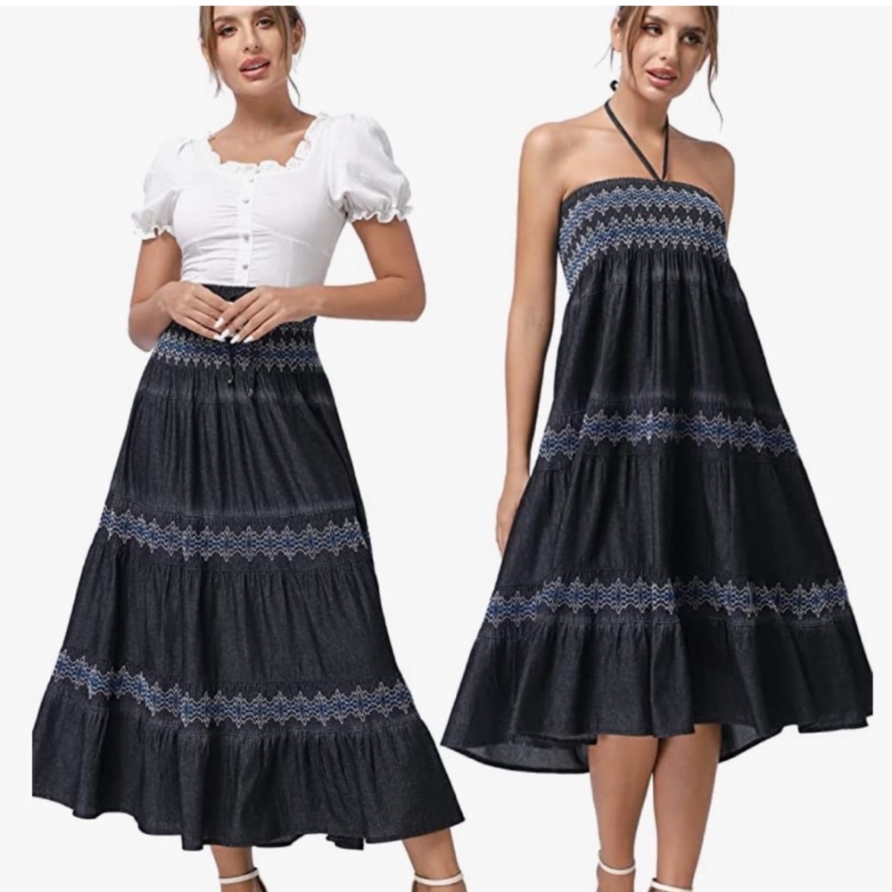 DREFBLUFY BLUE CHAMBRAY DENIM SMOCKED EMBROIDERED 2 in 1 Dress or MAXI S…